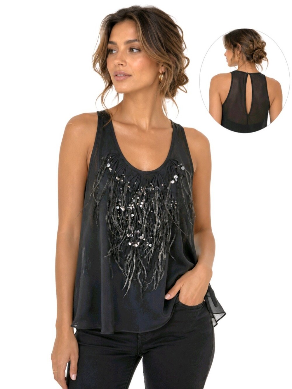 Rebecca Taylor Top Gray 100% Silk Sequin & Feather Size 6